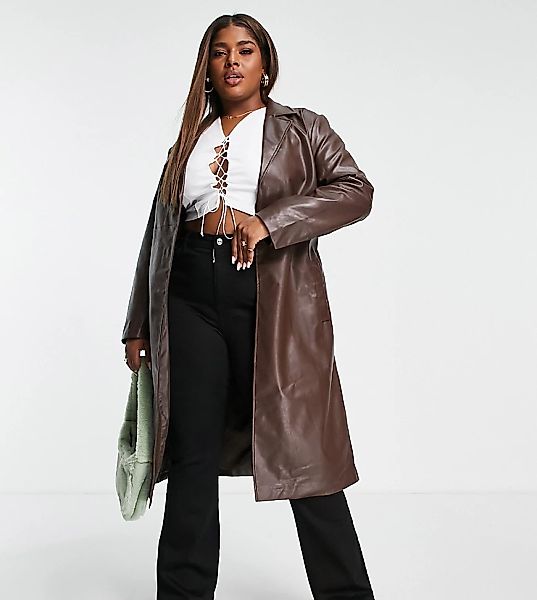 Glamorous Curve – Longline-Jacke aus PU in Braun günstig online kaufen