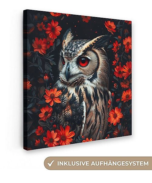 OneMillionCanvasses® Leinwandbild Eule - Waldtiere - Rote Blumen - Natur, F günstig online kaufen