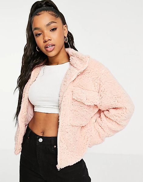 Wednesday's Girl – Oversize-Jacke aus Teddyfleece mit Brusttasche-Rosa günstig online kaufen