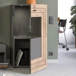 Wohnzimmer Schrank mit Glastür Wildeichefarben und Grau günstig online kaufen
