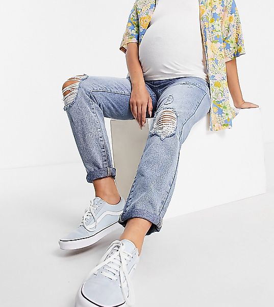Urban Bliss Maternity – Mom-Jeans in mittlerer Waschung mit Zierrissen-Blau günstig online kaufen