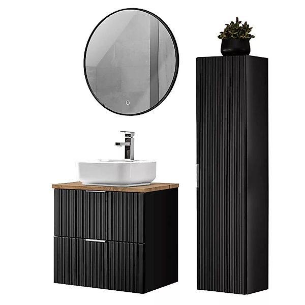 Badmöbel Set mit Keramik Waschbecken und LED Spiegel, matt schwarz und Eich günstig online kaufen