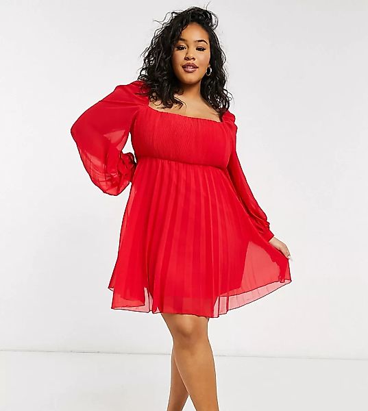 ASOS DESIGN Curve – Plissiertes Mini-Skater-Kleid in Rot mit eckigem Aussch günstig online kaufen