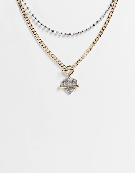 Topshop – Mehrreihige Halskette in Goldoptik und Herz mit Schraube-Motiv im günstig online kaufen
