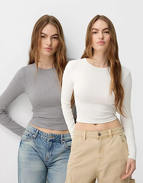 Bershka 2er-Pack Langarmshirts Mit Langen Ärmeln Und Rundausschnitt Damen S günstig online kaufen