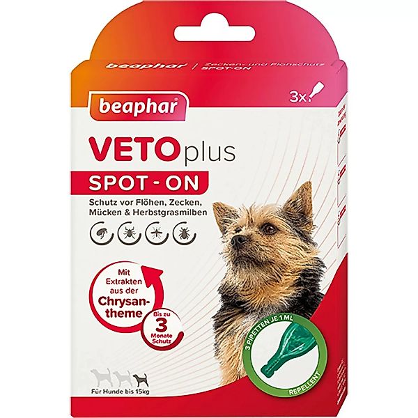 Beaphar Zecken- und Flohschutz VetoPlus Spot-On für Hunde bis 15 kg (3 x 1 günstig online kaufen