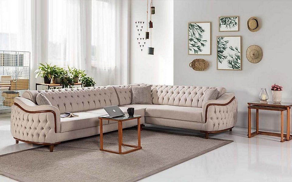 JVmoebel Ecksofa Beige Chesterfield Couch mit Holz Elementen Luxus Ecksofa günstig online kaufen