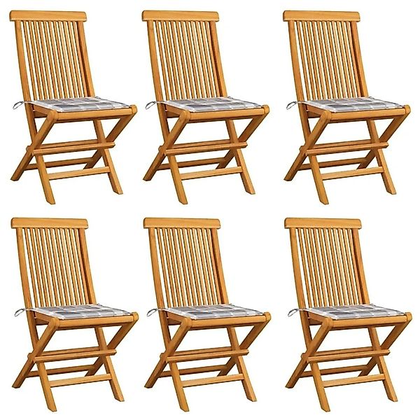 vidaXL Gartenstühle mit Kissen 6 Stk Grau Karomuster Massivholz Teak 306560 günstig online kaufen