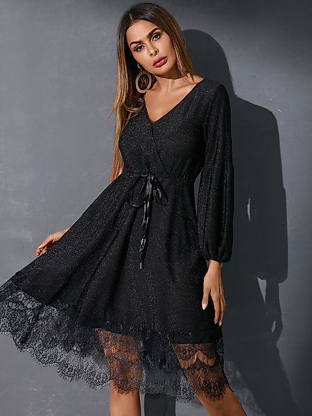 Schwarzes Wickeldesign mit V-Ausschnitt Glitzer Mini Kleid günstig online kaufen