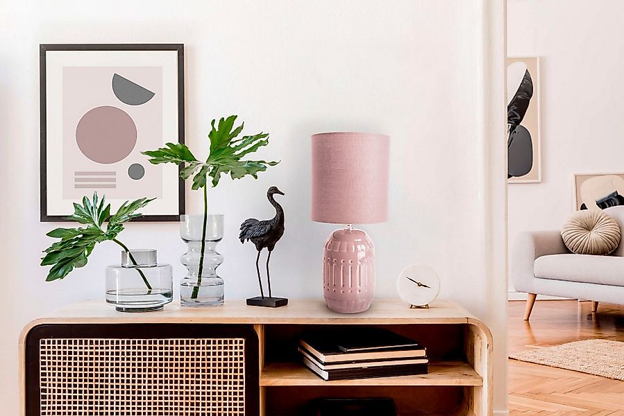 näve Tischleuchte Erida, ohne Leuchtmittel, Textilschirm, Keramikfuß, rosa, günstig online kaufen