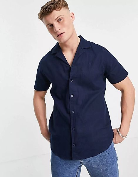 Threadbare – Kurzärmliges Hemd aus Leinenmischung in Marineblau günstig online kaufen