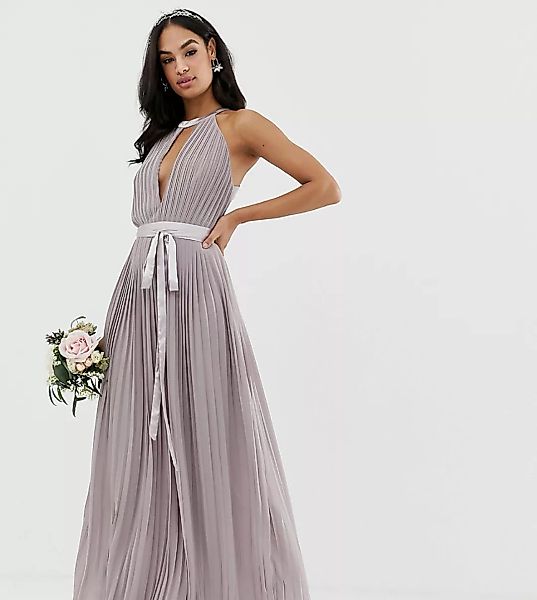 TFNC – Graues, plissiertes Maxi-Brautjungfernkleid mit überkreuzten Rückent günstig online kaufen