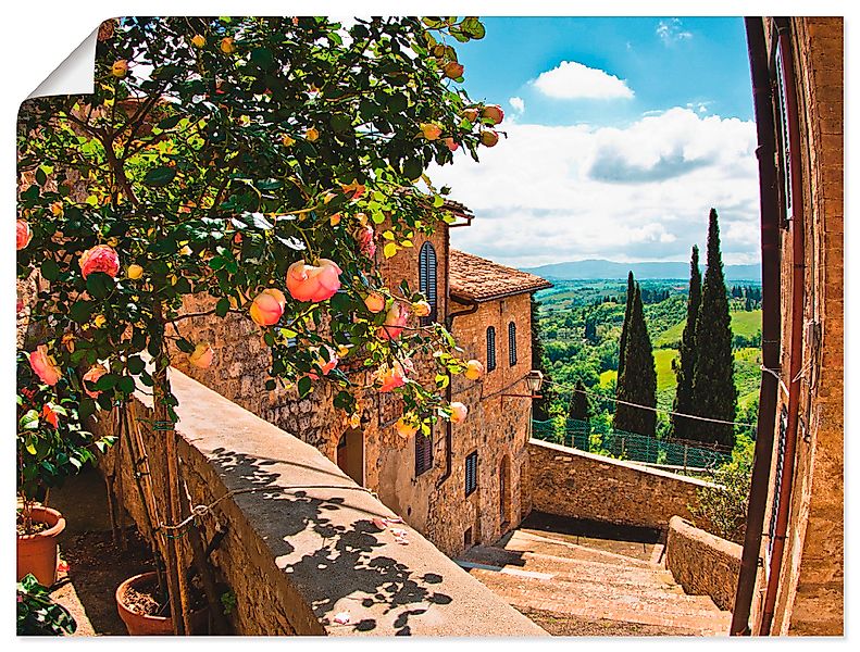 Artland Wandbild "Rosen auf Balkon Toskanalandschaft", Garten, (1 St.), als günstig online kaufen