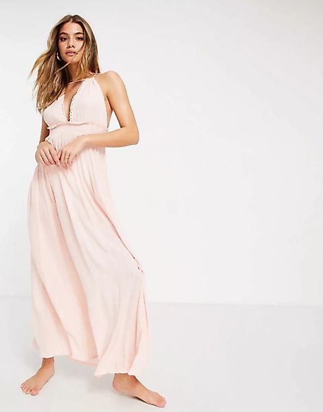 ASOS DESIGN – Gestuftes Neckholder-Maxi-Strandkleid im Rosa-metallic-Knitte günstig online kaufen