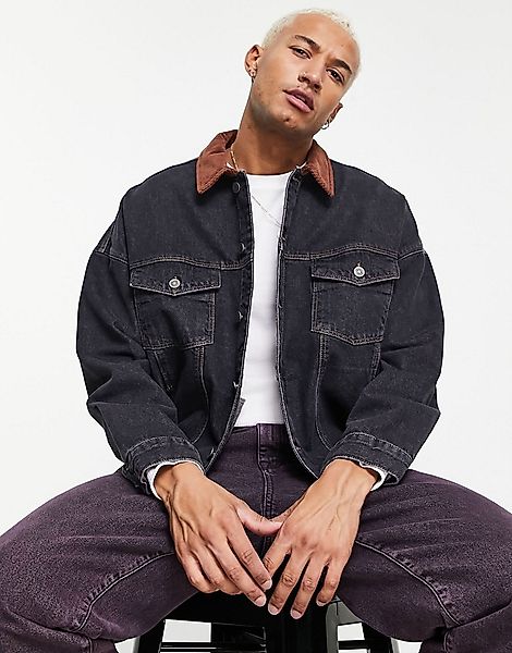 ASOS DESIGN – Oversize-Jeansjacke in verwaschenem Schwarz mit Cord-Kragen günstig online kaufen