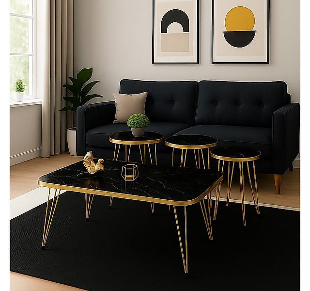 Jungengel Couchtisch Marmor 4-Teilig Beistelltisch Wohnzimmer Tisch Goldges günstig online kaufen