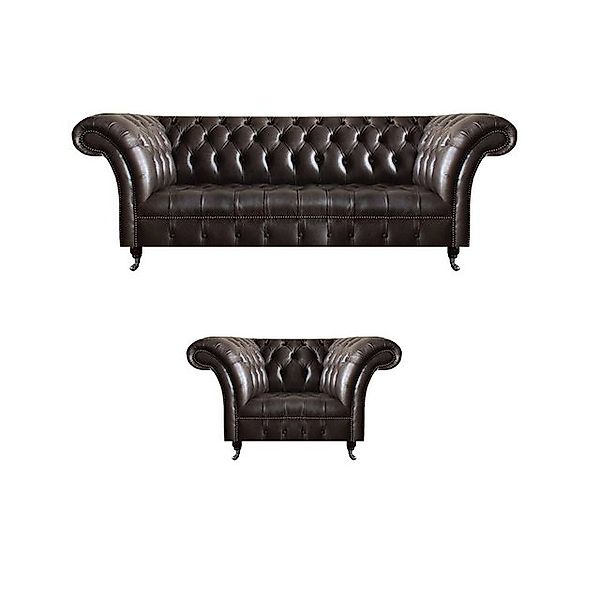 JVmoebel Sofa Dunkelbraune Chesterfield Garnitur Ledersessel Designer Couch günstig online kaufen