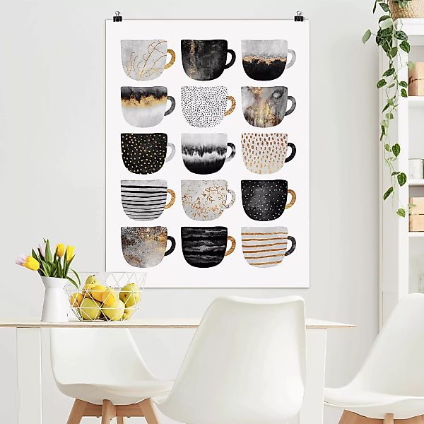 Poster - Hochformat Goldene Tassen Schwarz Weiß günstig online kaufen