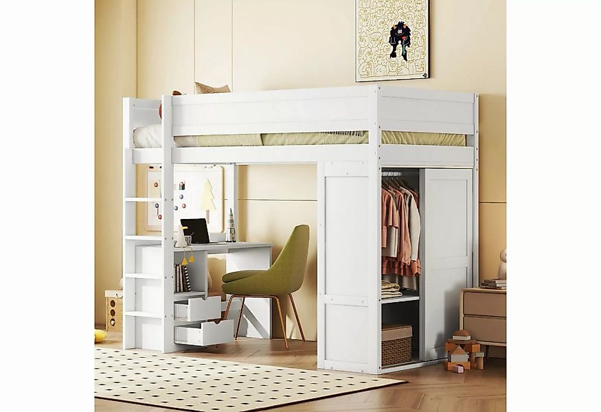 REDOM Hochbett Holzbett, ausgestattet mit Kleiderschrank, Schreibtisch und günstig online kaufen