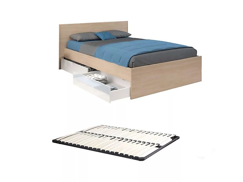 Bett mit 2 Schubladen 140 x 190 cm + Lattenrost - Holzfarben & glänzend wei günstig online kaufen