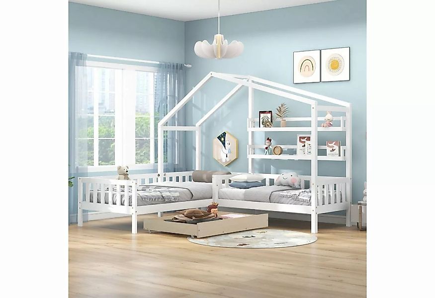 Odikalo Kinderbett Schubladen Regalen Massivholz Lattenrost L-Struktur Weiß günstig online kaufen