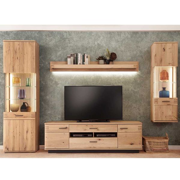 Wohnwand in Balkeneiche Bianco furniert 285 cm breit (vierteilig) günstig online kaufen