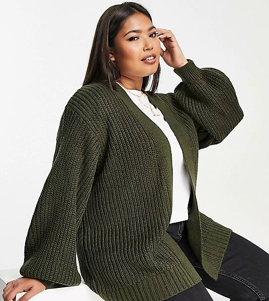 New Look Curve – Strickjacke in Khaki mit voluminösen Ärmeln-Grün günstig online kaufen