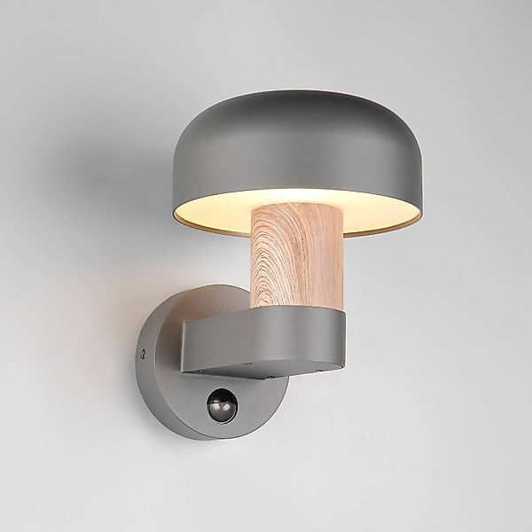 Außenwandleuchte Fraser Sensor, grau/Holzoptik, Alu IP54 E27 günstig online kaufen