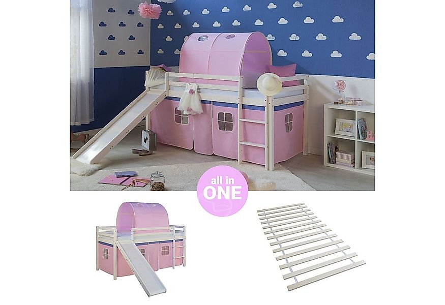 Homestyle4u Hochbett Kinderbett mit Leiter und Vorhang Weiß Rosa Holz Kiefe günstig online kaufen