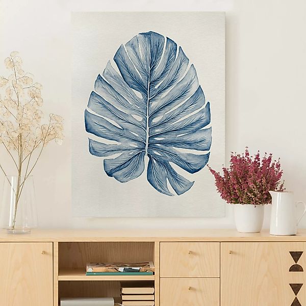 Leinwandbild Zeichnung Tropische Monstera in Indigo günstig online kaufen