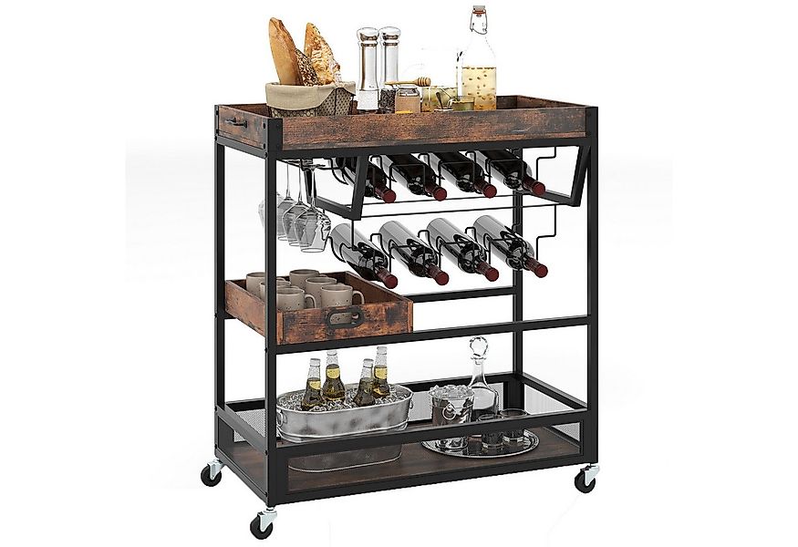 COSTWAY Servierwagen, Rollwagen 3 Ebenen, abnehmbares Tablett, Glashalter, günstig online kaufen