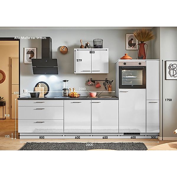 pino Küchenzeile 290cm Lichtgrau Hochglanz Anschlag L 1Geräte-,1Apothekersc günstig online kaufen