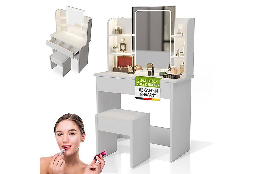 Juskys Schminktisch Zoey, Touch-LED-Spiegel mit 3 Stufen, inkl. Hocker, Sta günstig online kaufen
