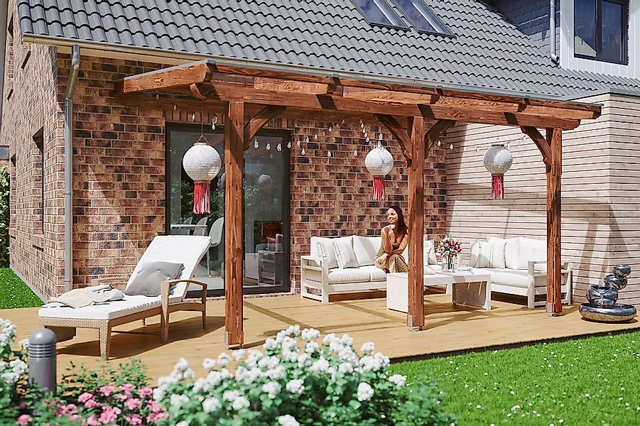 Skan Holz Terrassenüberdachung Rimini 434 x 350 cm Douglasie Nussbaum günstig online kaufen