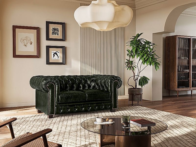 Chesterfield Ledersofa 2-Sitzer - Büffelleder - Schwarzgrün - BRENTON günstig online kaufen