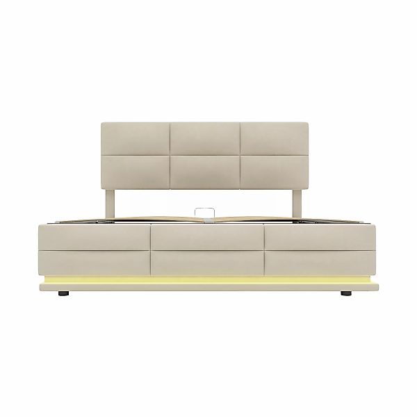 Bett 140x200 mit Bettkasten, Doppelbett mit LED-Licht, USB-Ladegerät, Samts günstig online kaufen