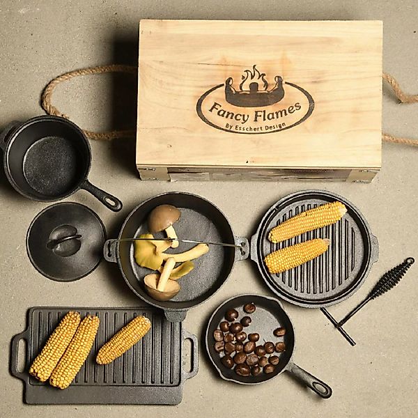 Dutch Oven Set 7-teilig Outdoor Kochset Gusseisen Lagerfeuer Grillplatte Pf günstig online kaufen