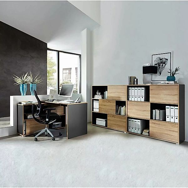 Lomadox Büromöbel Set 3-teilig MANHATTEN-01 Anthrazit, Sonoma-Eiche-Nb. sch günstig online kaufen