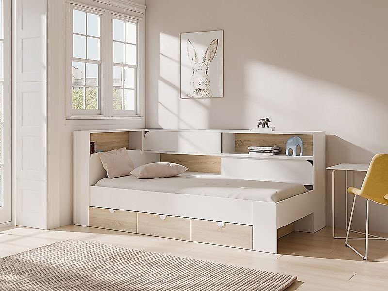 Bett 90 x 190 cm mit Stauraum - Farbe: Weiß und natürlich - TAMADU günstig online kaufen