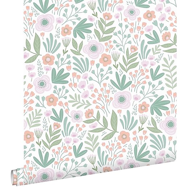 ESTAhome Tapete Blumen Grün Orange und Violett 50 x 900 cm günstig online kaufen