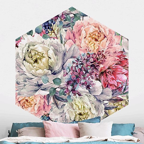 Hexagon Fototapete selbstklebend Aquarell Florales Bouquet günstig online kaufen