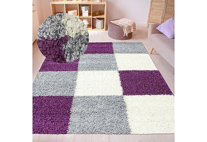 Carpetia Teppich Hochflor Shaggy Teppich Karomuster lila grau creme, rechte günstig online kaufen