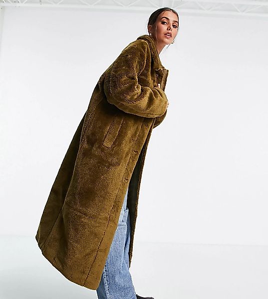 ASOS DESIGN Tall – Geknöpfter Mantel aus Teddyfell in Olivgrün günstig online kaufen