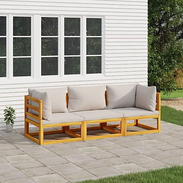 Vidaxl 3-tlg. Garten-lounge-set Mit Hellgrauen Kissen Massivholz günstig online kaufen