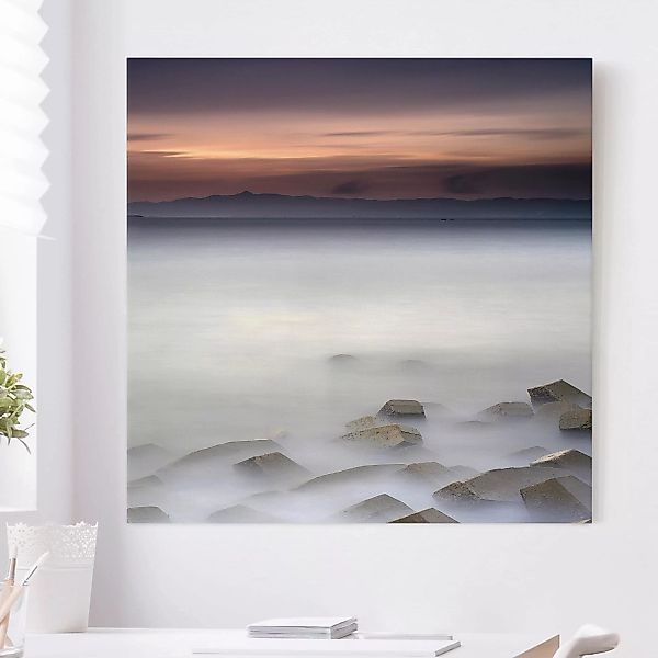 Leinwandbild Sonnenuntergang - Quadrat Sonnenuntergang im Nebel günstig online kaufen