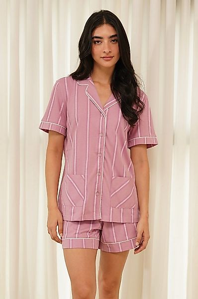 SNOOZE OFF Shorty Damen Pyjama gestreift in Rosa-Lila mit kurzarm Hemd & Sh günstig online kaufen