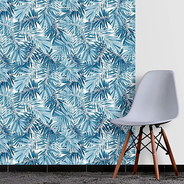 queence Vinyltapete »Tropische Blätter-Blau«, bedruckt-Motiv-botanisch-flor günstig online kaufen