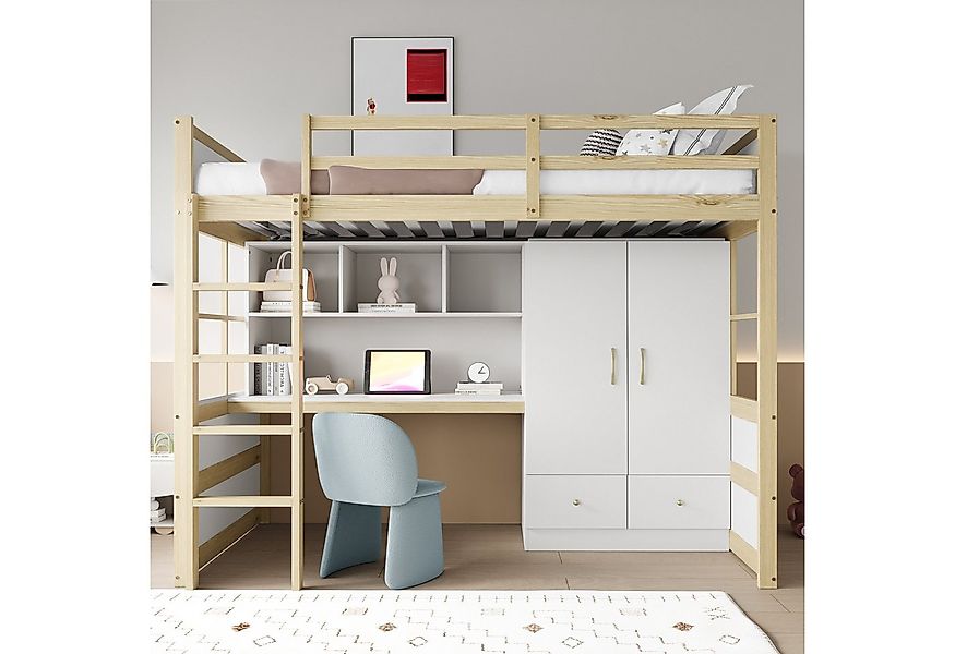 Merax Hochbett (1-St., Jugendbett Einzelbett Holzbett) Kiefer Kinderbett 90 günstig online kaufen