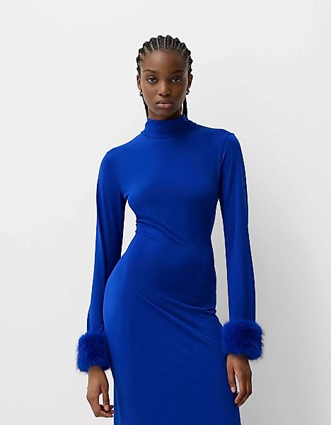 Bershka Midikleid Mit Langen Ärmeln Und Kunstfell Damen L Blau günstig online kaufen