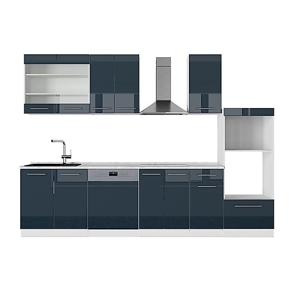 Vicco Fame-Line Küchenzeile Dunkelblau Hochglanz/Weiß 300 cm mit Hochschran günstig online kaufen